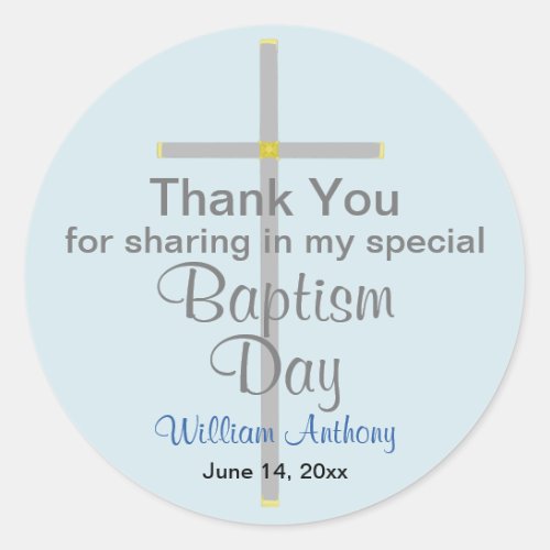 Light Blue Gray Baptism Son Thank You  Classic Round Sticker