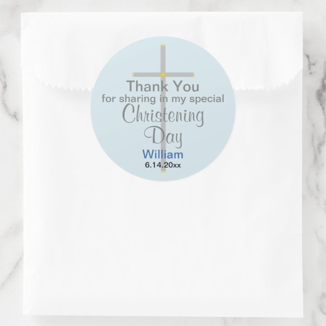 Light Blue Gray Christening Son Thank You Classic Round Sticker (Bag)