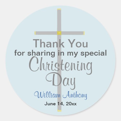 Light Blue Gray Christening Son Thank You Classic Round Sticker