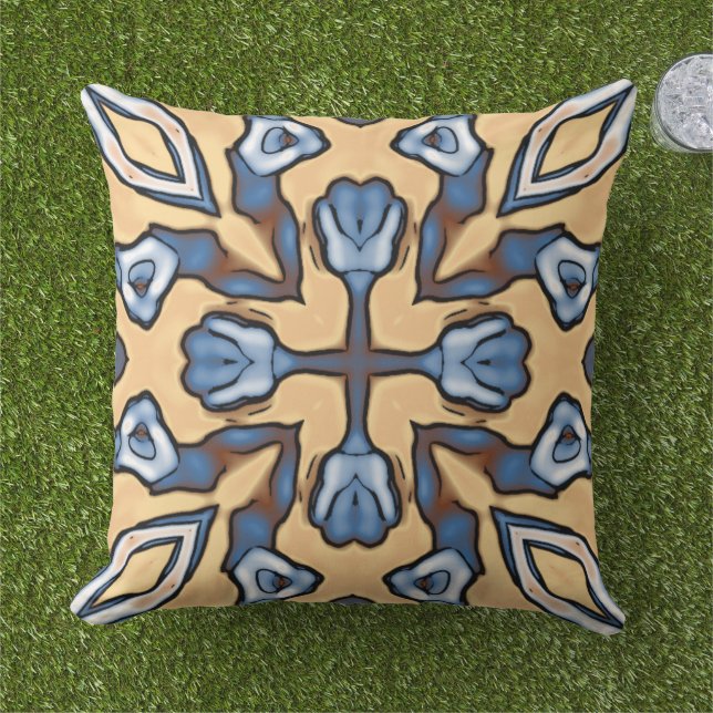 Light Blue Gray Cream Yellow Tan Brown Tribal Art Outdoor Pillow (Grass)