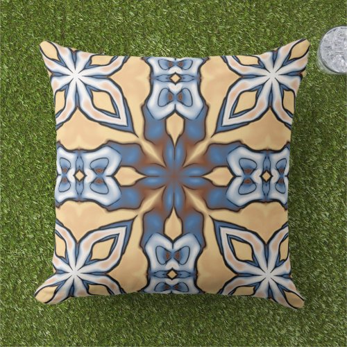 Light Blue Gray Cream Yellow Tan Brown Tribal Art Outdoor Pillow