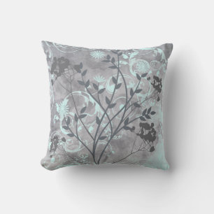 Light blue gray floral swirl designer pillow
