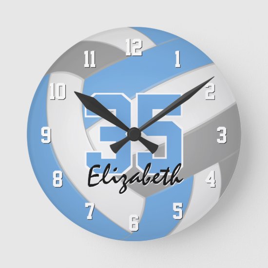 light blue gray girls personalized volleyball round clock