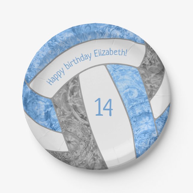 light blue gray girly volleyball birthday party paper plates (Front)