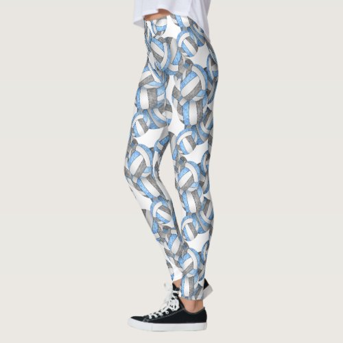 Light blue gray girly volleyballs pattern leggings