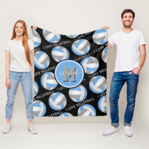 light blue gray I love volleyball text pattern Fleece Blanket