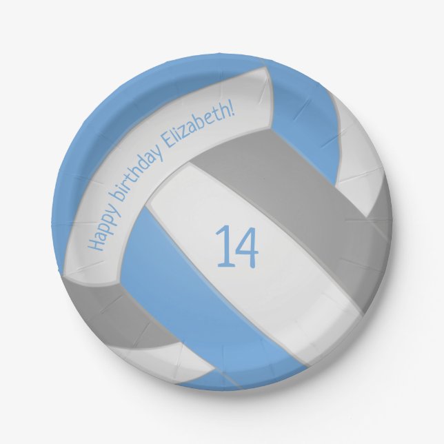 Light blue gray kids volleyball party paper plates (Front)