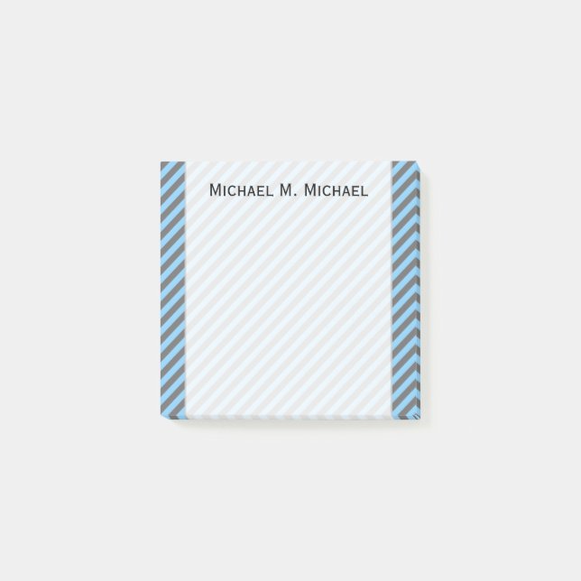 Light Blue & Gray Stripes Pattern + Custom Name Post-it Notes (Front)