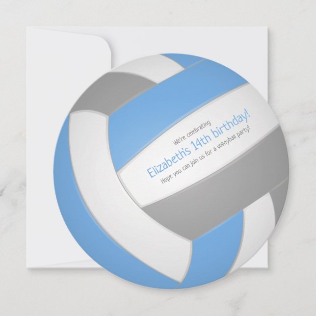 Light blue gray volleyball birthday party announcement (Front)