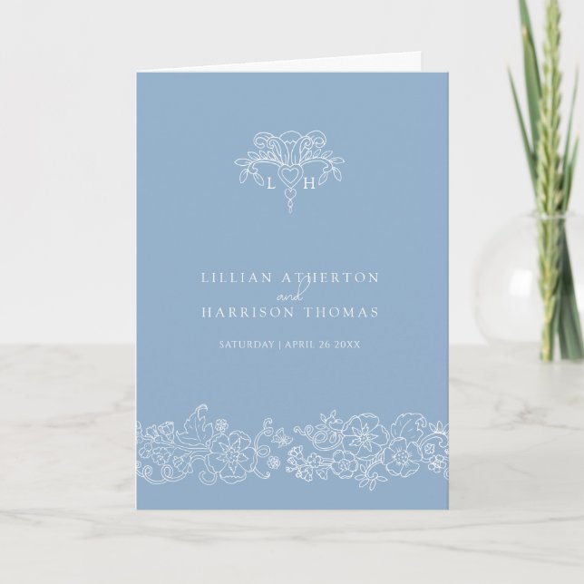 Light blue gray white fleur de lis art wedding program (Front)