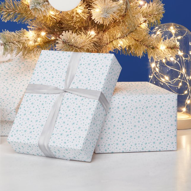 Light Blue Green Snowflakes White Christmas Wrapping Paper (Holidays)