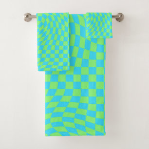Light Blue & Green Warped Checkerboard Pattern Bath Towel Set
