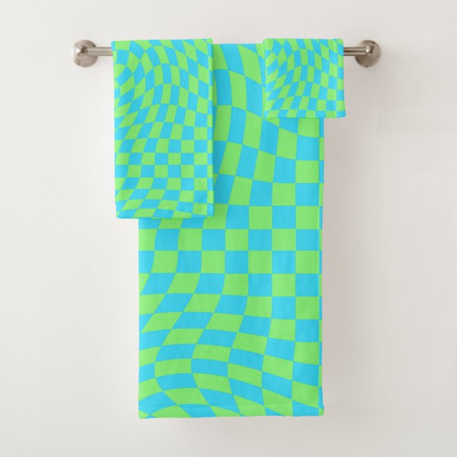 Light Blue & Green Warped Checkerboard Pattern  Bath Towel Set (Insitu)
