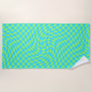 Light Blue & Green Warped Checkerboard Pattern  Beach Towel