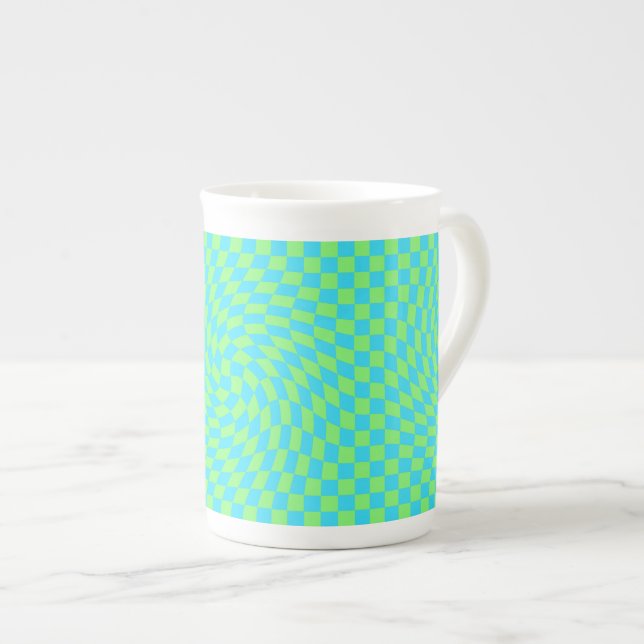 Light Blue & Green Warped Checkerboard Pattern  Bone China Mug (Front Right)