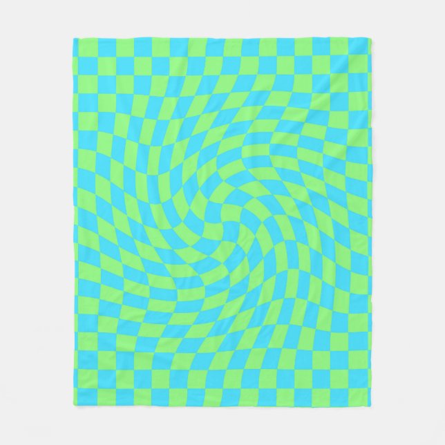 Light Blue & Green Warped Checkerboard Pattern  Fleece Blanket (Front)