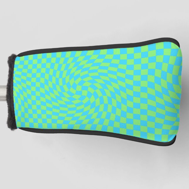 Light Blue & Green Warped Checkerboard Pattern  Golf Head Cover (Front)