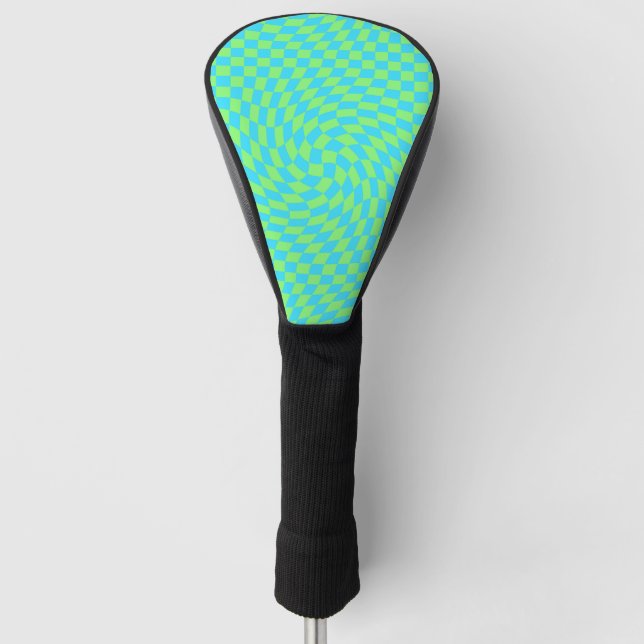 Light Blue & Green Warped Checkerboard Pattern  Golf Head Cover (Front)