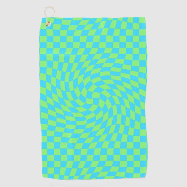 Light Blue & Green Warped Checkerboard Pattern  Golf Towel (Front)