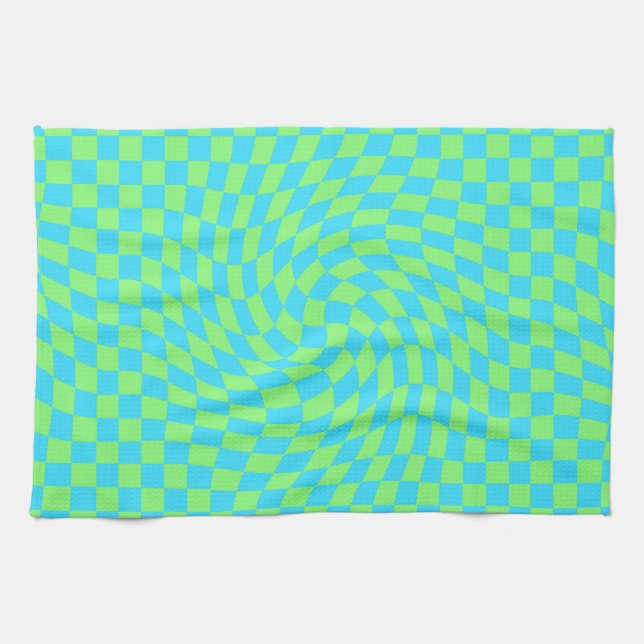 Light Blue & Green Warped Checkerboard Pattern  Kitchen Towel (Horizontal)