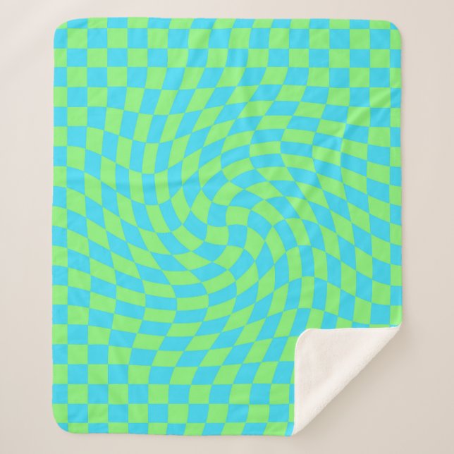 Light Blue & Green Warped Checkerboard Pattern  Sherpa Blanket (Front)