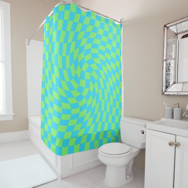 Light Blue & Green Warped Checkerboard Pattern  Shower Curtain (In Situ)
