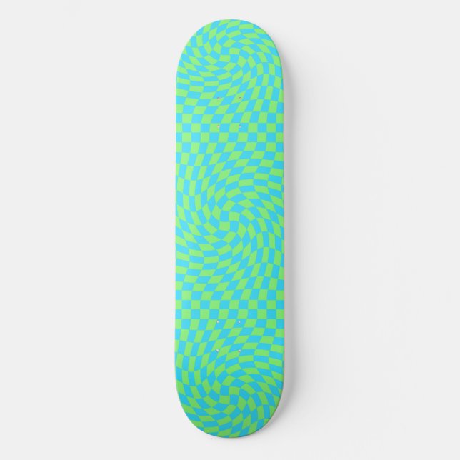 Light Blue & Green Warped Checkerboard Pattern  Skateboard (Front)