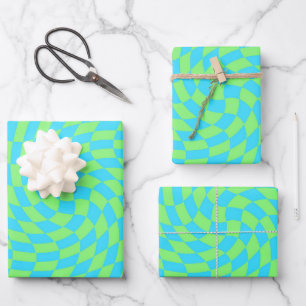 Light Blue & Green Warped Checkerboard Pattern Wrapping Paper Sheets