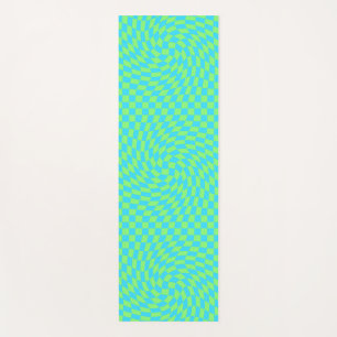 Light Blue & Green Warped Checkerboard Pattern Yoga Mat