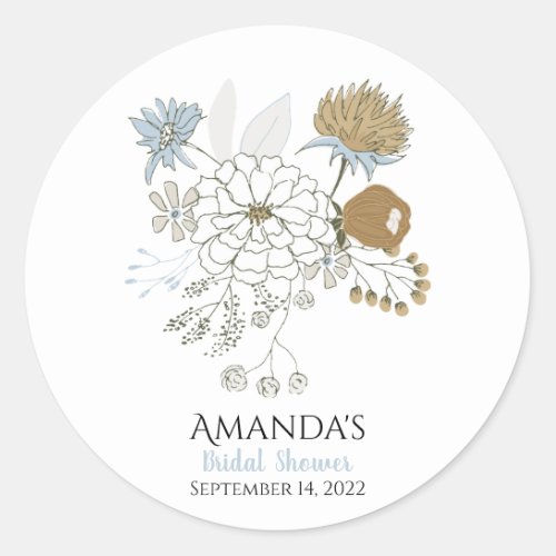 Light blue grey tan summer florals  classic round sticker