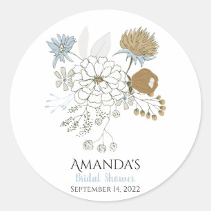 Light blue grey tan summer florals classic round sticker