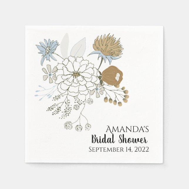 Light blue grey tan summer florals napkins (Front)