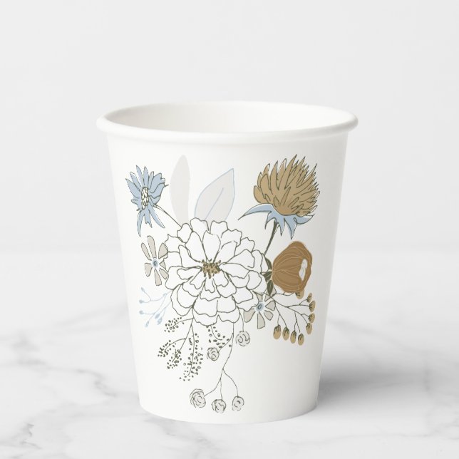 Light blue grey tan summer florals  paper cups (Front)