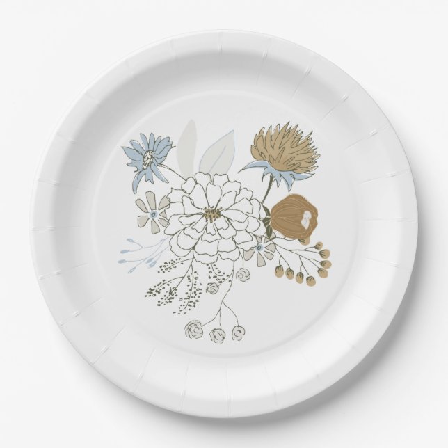 Light blue grey tan summer florals  paper plates (Front)