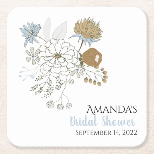 Light blue grey tan summer florals  square paper coaster