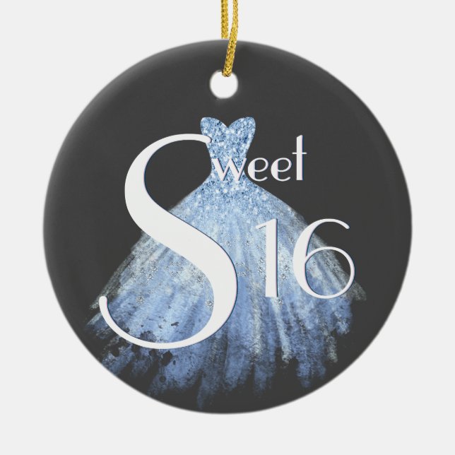 Light Blue, Grey, White Sweet Sixteen Trendy Ceramic Ornament (Front)
