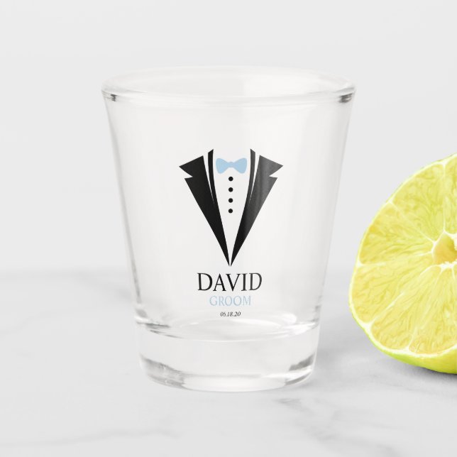 Light Blue "Groom" Tuxedo Wedding Party Shot Glass (Front)