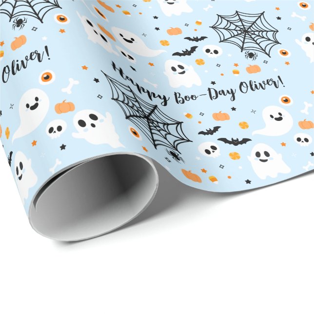 Light Blue Halloween Ghost Wrapping Paper (Roll Corner)