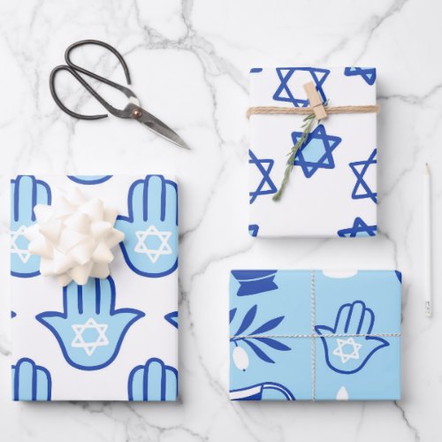 Light Blue Hamsa Star of David Pattern Hanukkah Wrapping Paper Sheets
