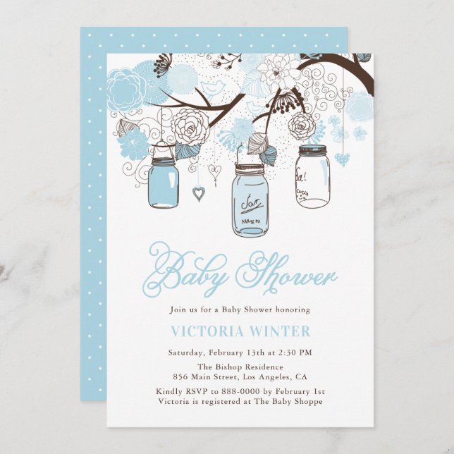 Light Blue Hanging Mason Jars Baby Shower Invitation (Front/Back)