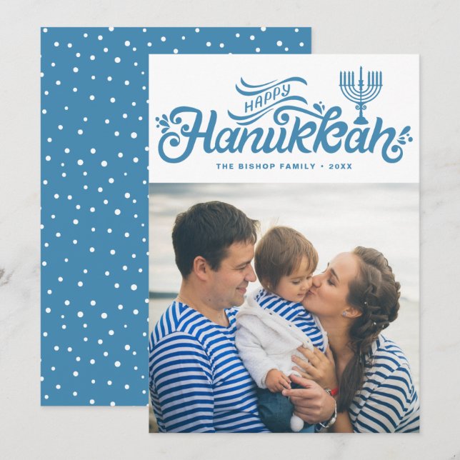 Light Blue Happy Hanukkah Hand Lettered Photo Holiday Card (Front/Back)