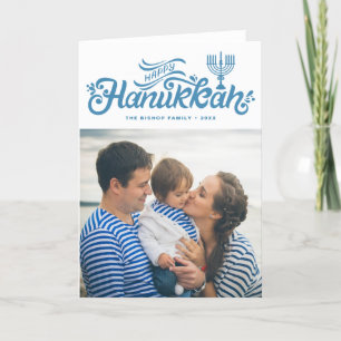 Light Blue Happy Hanukkah Hand Lettered Photo Holiday Card