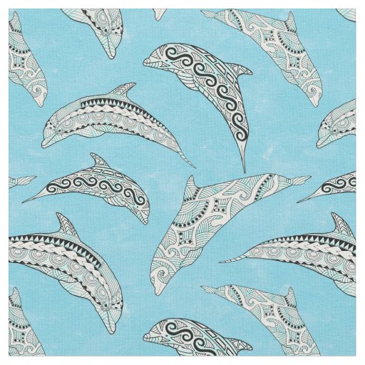 Light Blue Hawaiian Tribal Dolphins Fabric