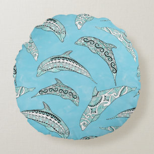 Light Blue Hawaiian Tribal Dolphins Round Pillow
