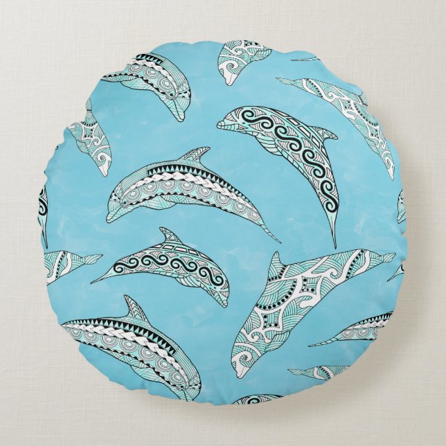 Light Blue Hawaiian Tribal Dolphins Round Pillow (Front)