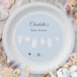 Light Blue Hearts Boho Baby Boy Shower Paper Plates