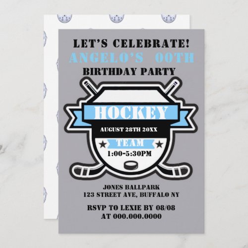 Light Blue Hockey Theme Birthday Party Invites