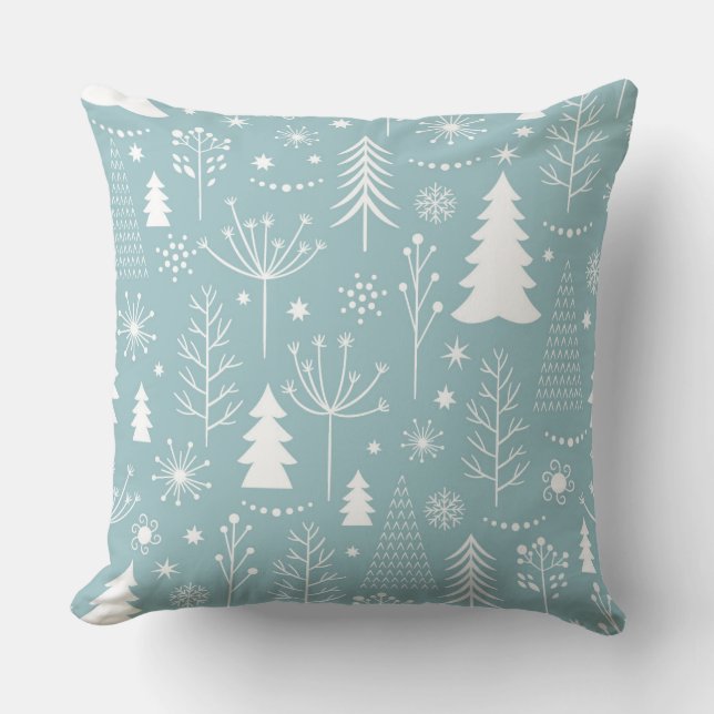 Light Blue Holiday Forest Throw Pillow (Front)