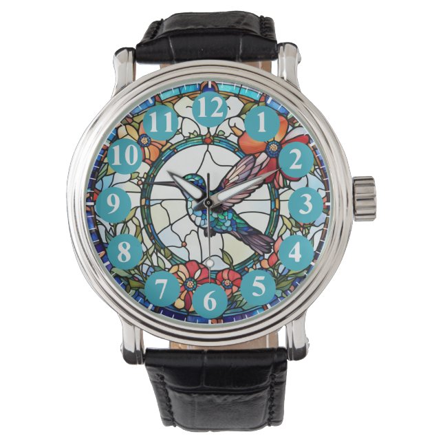 Light Blue Hummingbird Stained Glass Bird Watch (Front)