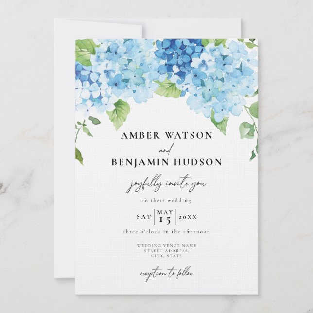 Light Blue Hydrangea Dusty Navy Floral Wedding Invitation (Front)